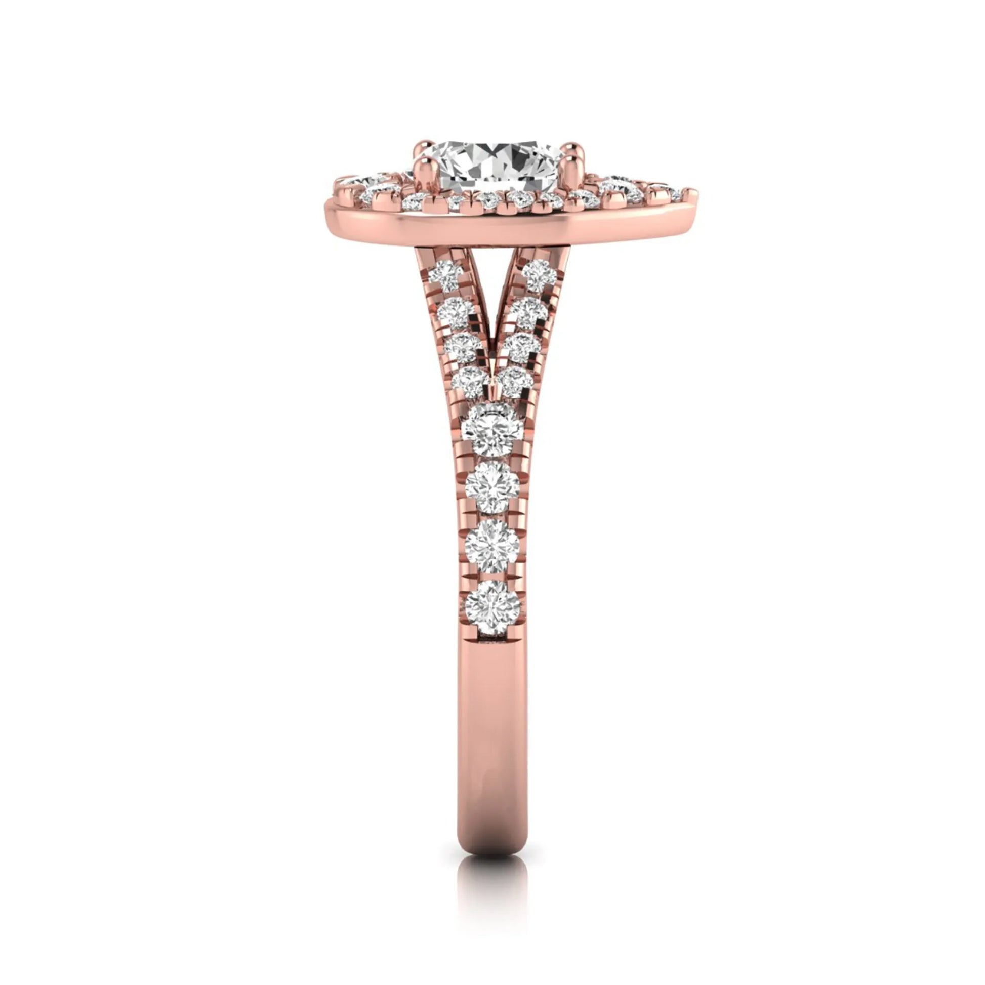 Round halo split shank lab grown diamond engagement ring featuring a round center diamond with pavé halo, cathedral gallery, and pavé-set split shank in rose gold tone.