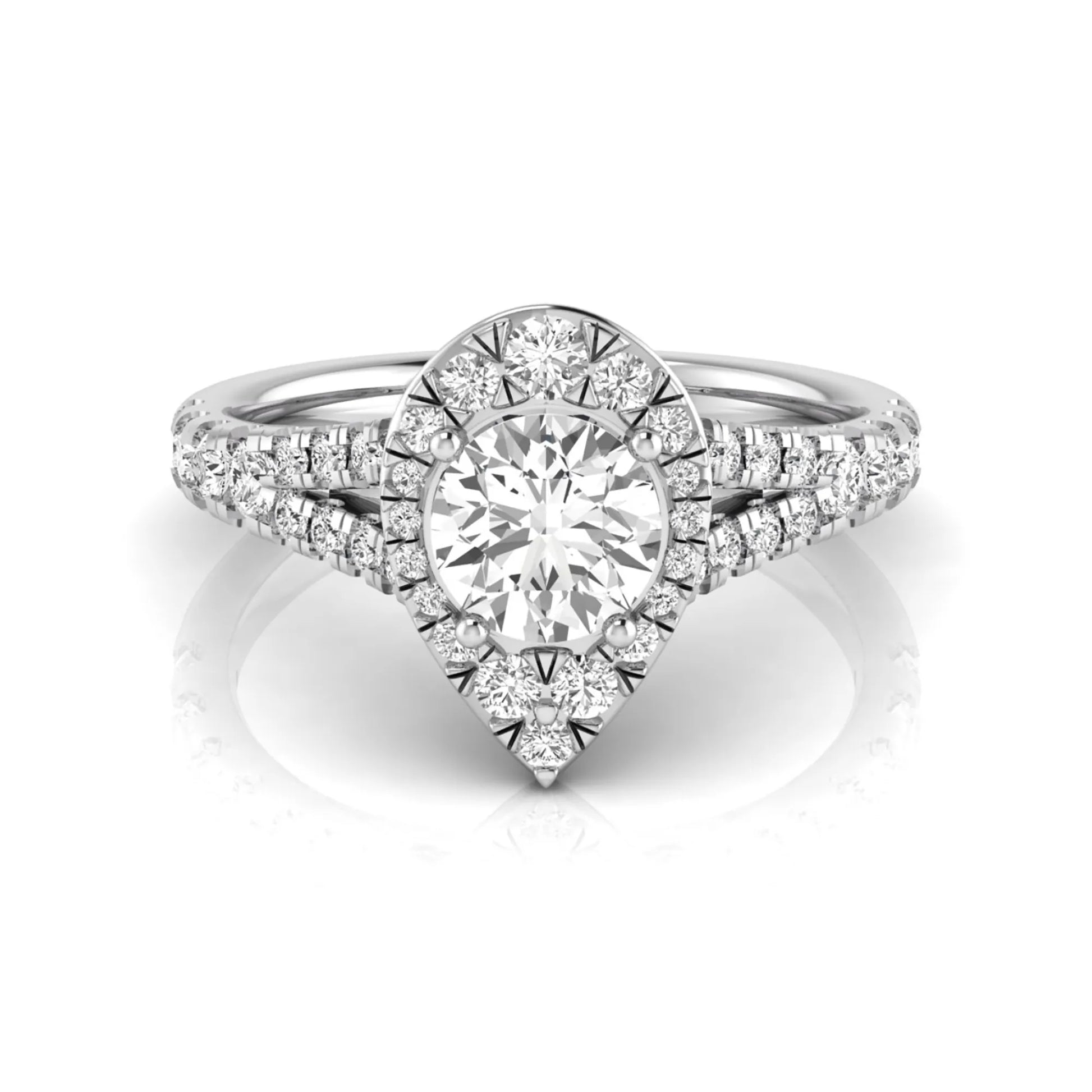 Round halo split shank lab grown diamond engagement ring featuring a round center diamond with pavé halo, cathedral gallery, and pavé-set split shank in white gold tone.