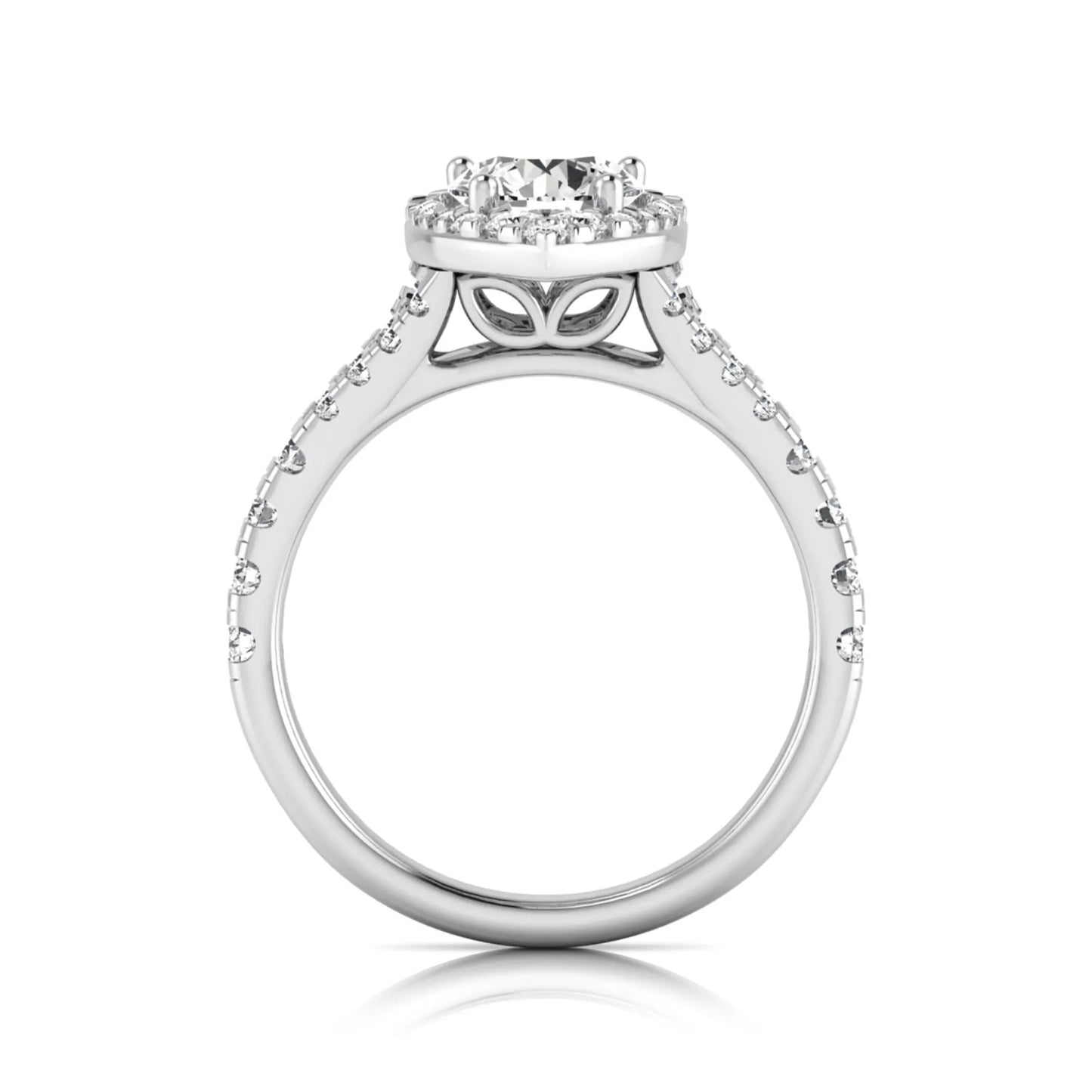 Round halo split shank lab grown diamond engagement ring featuring a round center diamond with pavé halo, cathedral gallery, and pavé-set split shank in white gold tone.