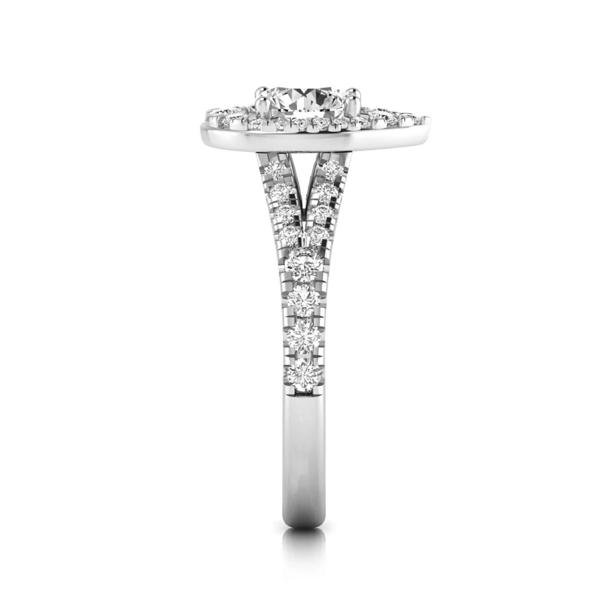 Round halo split shank lab grown diamond engagement ring featuring a round center diamond with pavé halo, cathedral gallery, and pavé-set split shank in white gold tone.