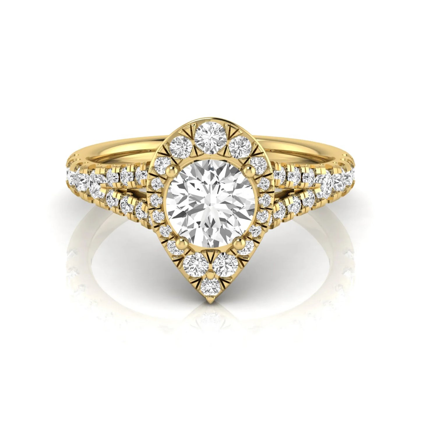 Round halo split shank lab grown diamond engagement ring featuring a round center diamond with pavé halo, cathedral gallery, and pavé-set split shank in yellow gold tone.