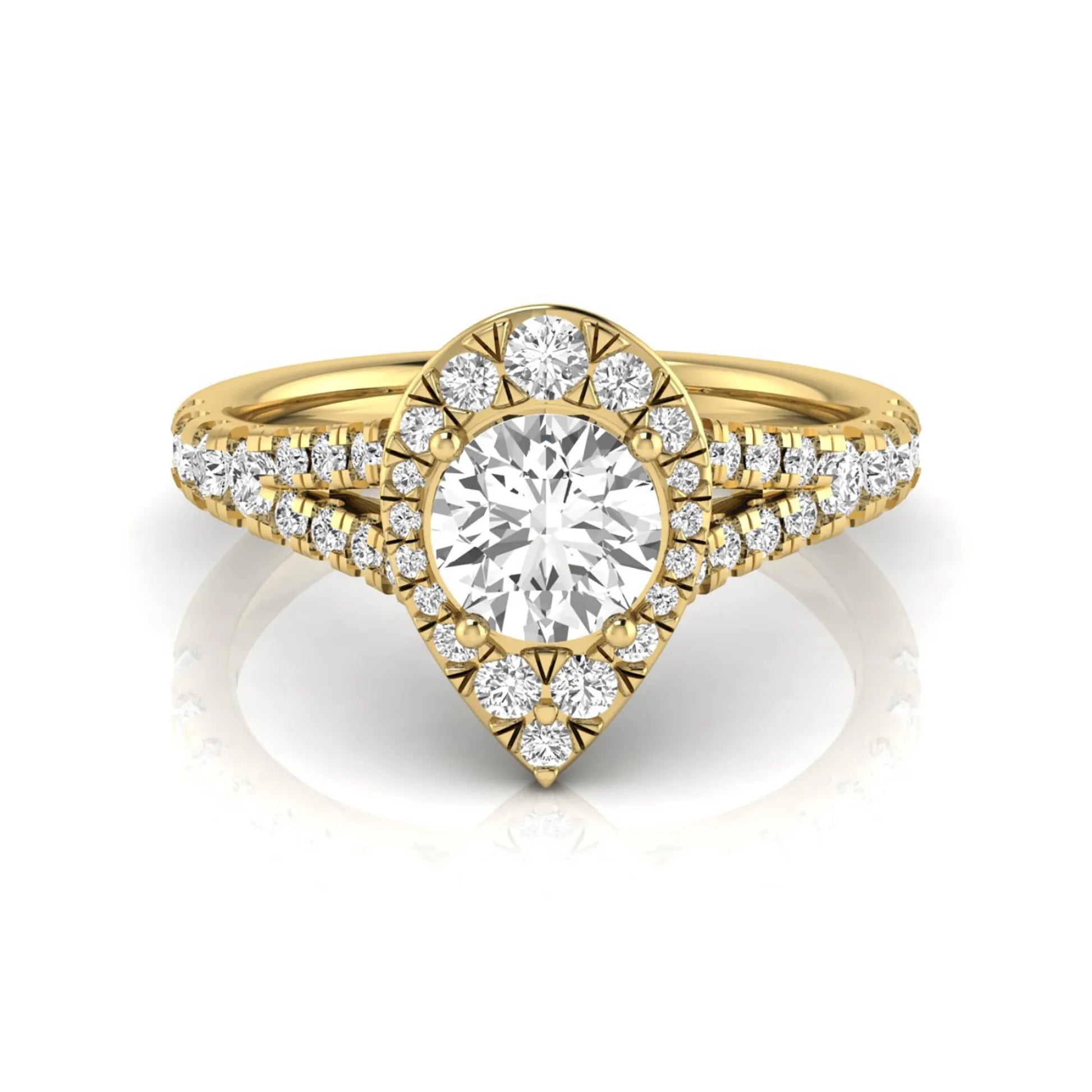 Round halo split shank lab grown diamond engagement ring featuring a round center diamond with pavé halo, cathedral gallery, and pavé-set split shank in yellow gold tone.