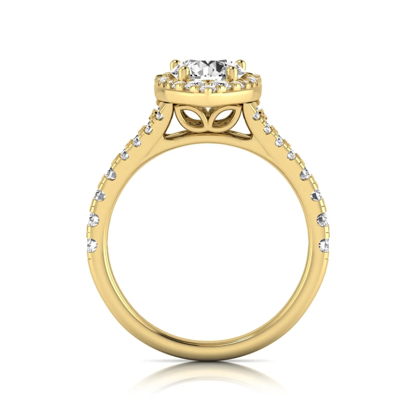 Round halo split shank lab grown diamond engagement ring featuring a round center diamond with pavé halo, cathedral gallery, and pavé-set split shank in yellow gold tone.