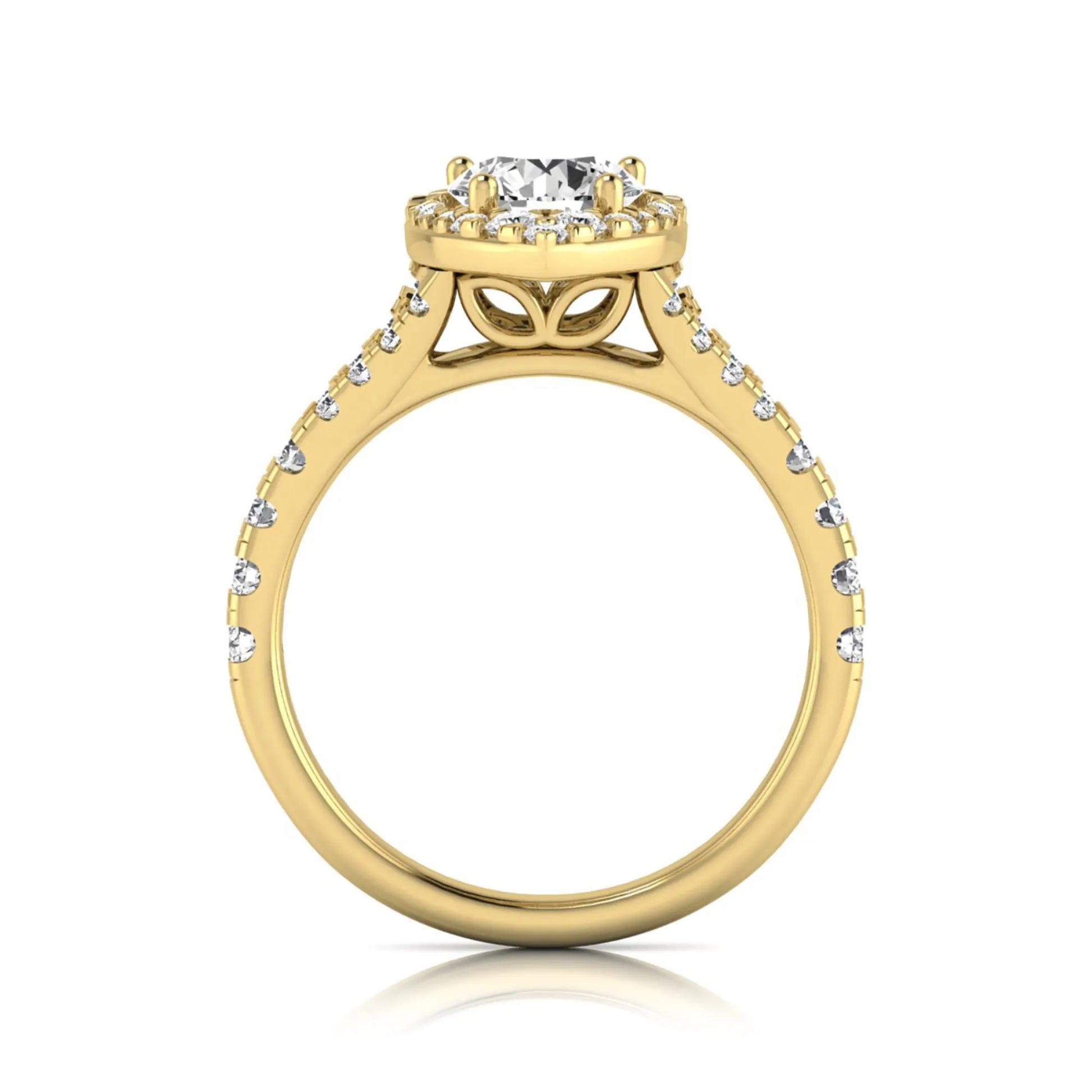 Round halo split shank lab grown diamond engagement ring featuring a round center diamond with pavé halo, cathedral gallery, and pavé-set split shank in yellow gold tone.