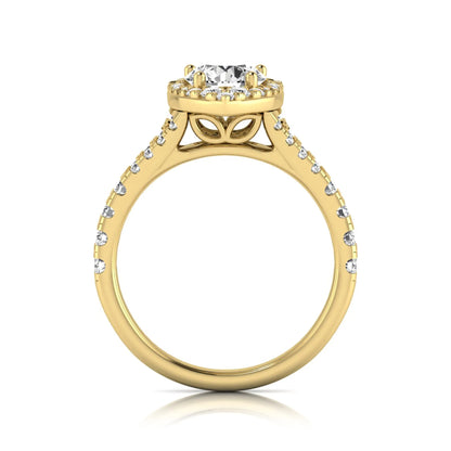 Round halo split shank lab grown diamond engagement ring featuring a round center diamond with pavé halo, cathedral gallery, and pavé-set split shank in yellow gold tone.