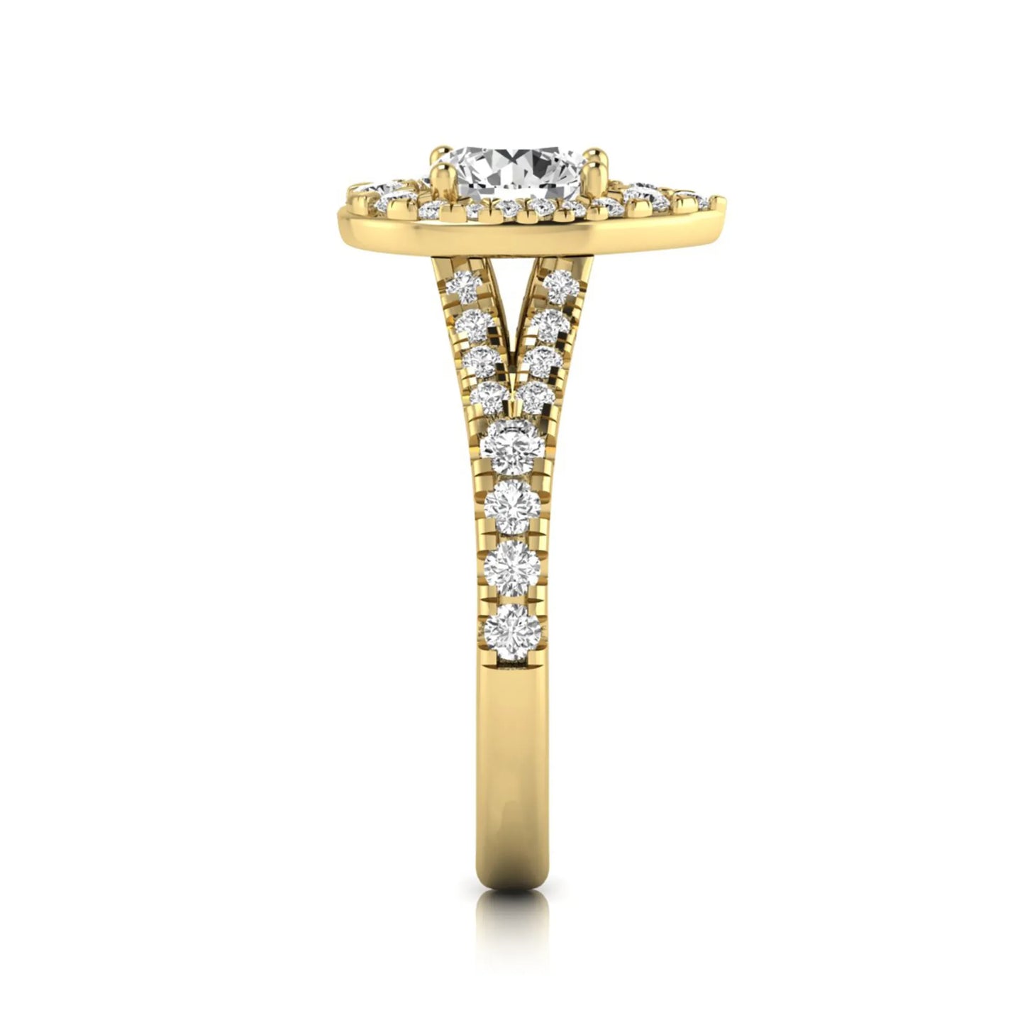 Round halo split shank lab grown diamond engagement ring featuring a round center diamond with pavé halo, cathedral gallery, and pavé-set split shank in yellow gold tone.