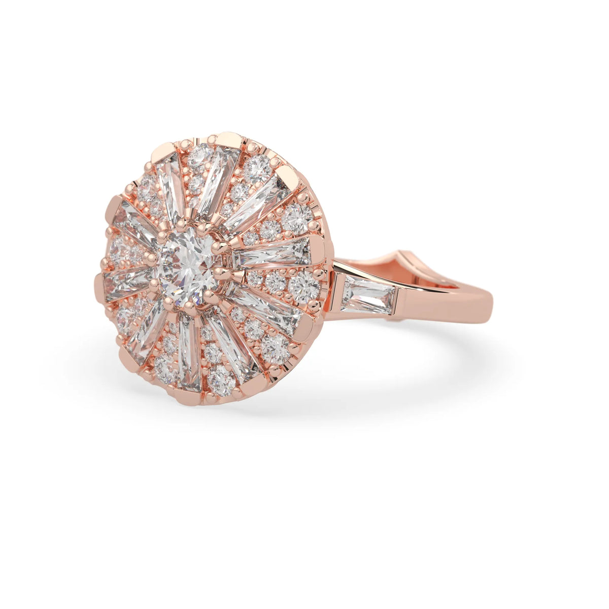 Round halo vintage lab grown diamond floral engagement ring with baguette and round diamonds in rose gold