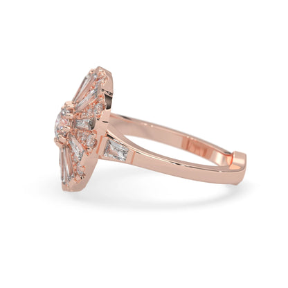 Round halo vintage lab grown diamond floral engagement ring with baguette and round diamonds in rose gold