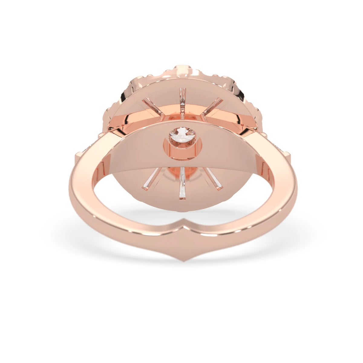 Round halo vintage lab grown diamond floral engagement ring with baguette and round diamonds in rose gold
