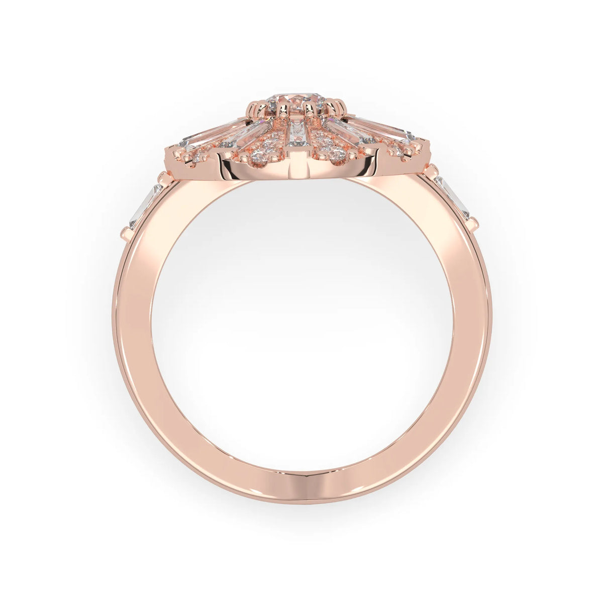 Round halo vintage lab grown diamond floral engagement ring with baguette and round diamonds in rose gold