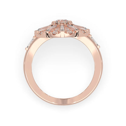 Round halo vintage lab grown diamond floral engagement ring with baguette and round diamonds in rose gold