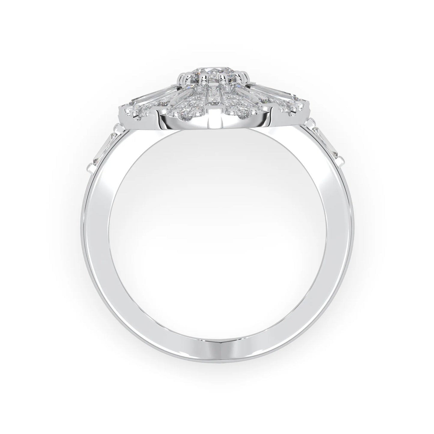 Round halo vintage lab grown diamond floral engagement ring with baguette and round diamonds in white gold
