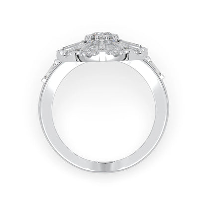 Round halo vintage lab grown diamond floral engagement ring with baguette and round diamonds in white gold