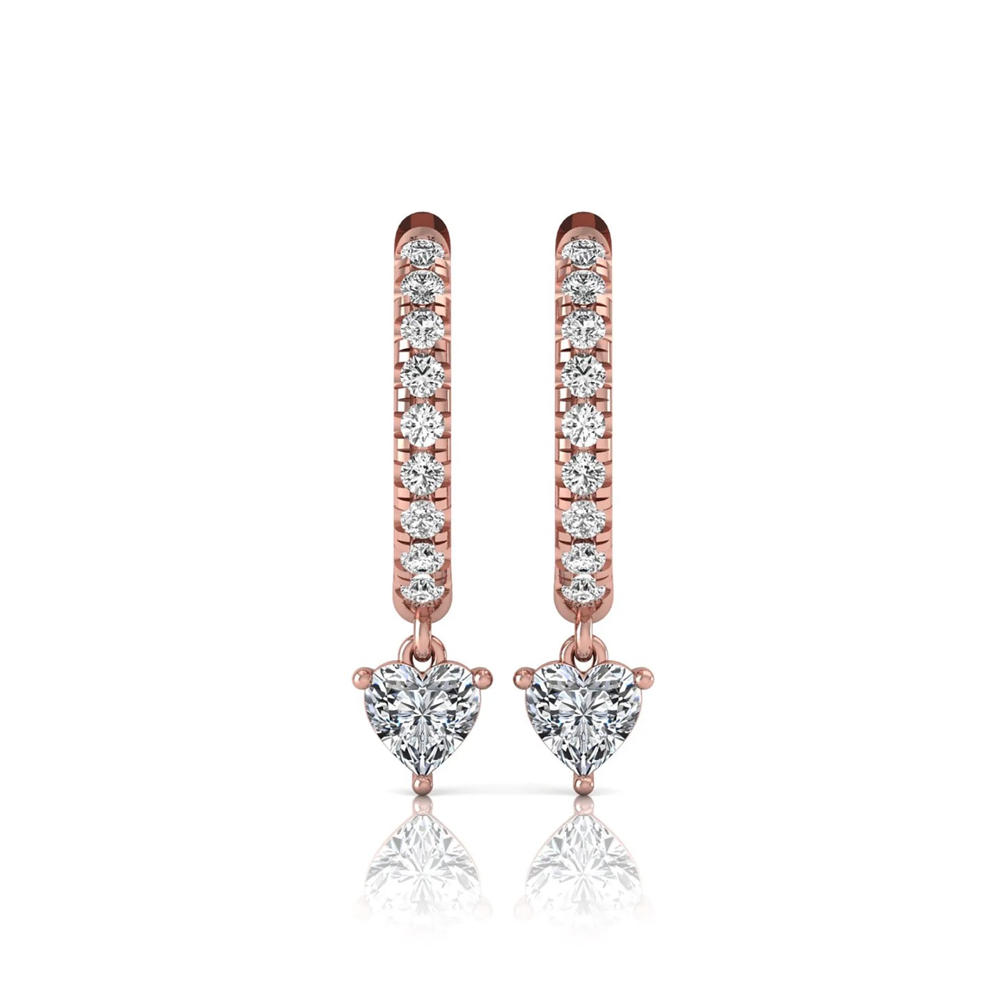 Round and heart cut lab grown diamond pavé drop huggie hoop earrings featuring a heart diamond drop, round pavé diamonds, hinged snap closure, and polished rose gold finish.