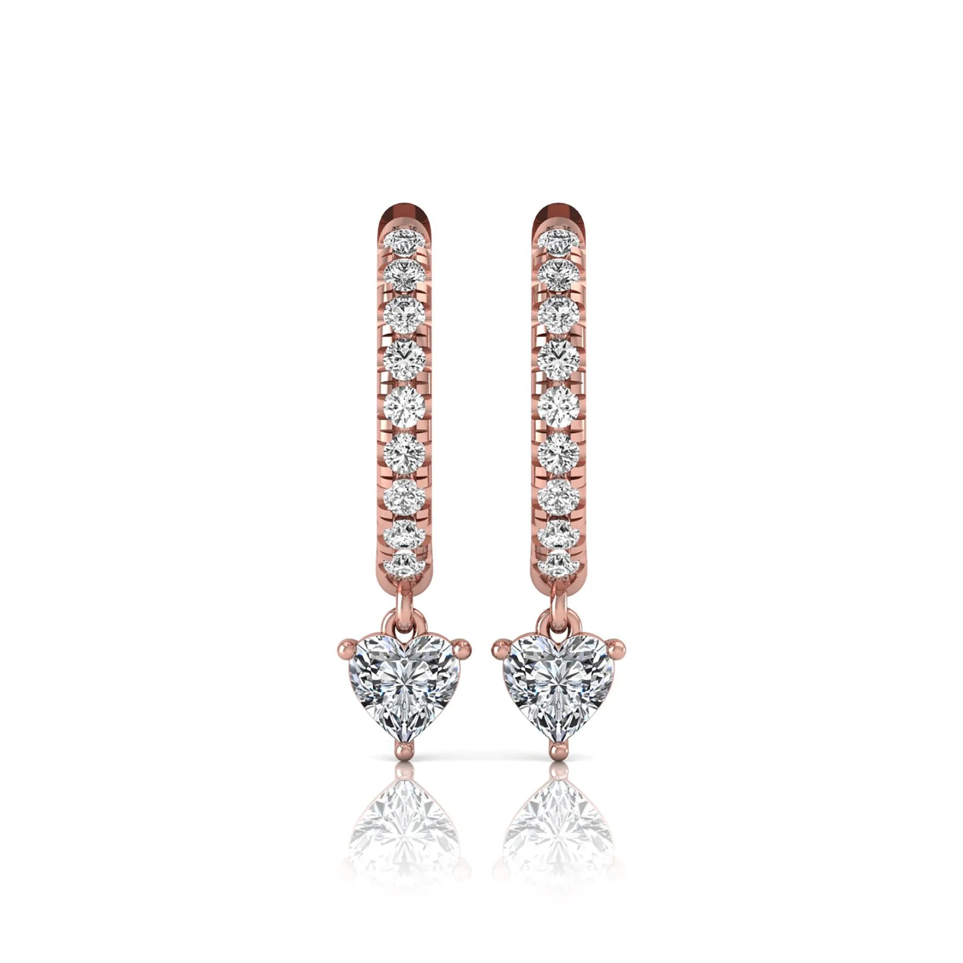Round and heart cut lab grown diamond pavé drop huggie hoop earrings featuring a heart diamond drop, round pavé diamonds, hinged snap closure, and polished rose gold finish.