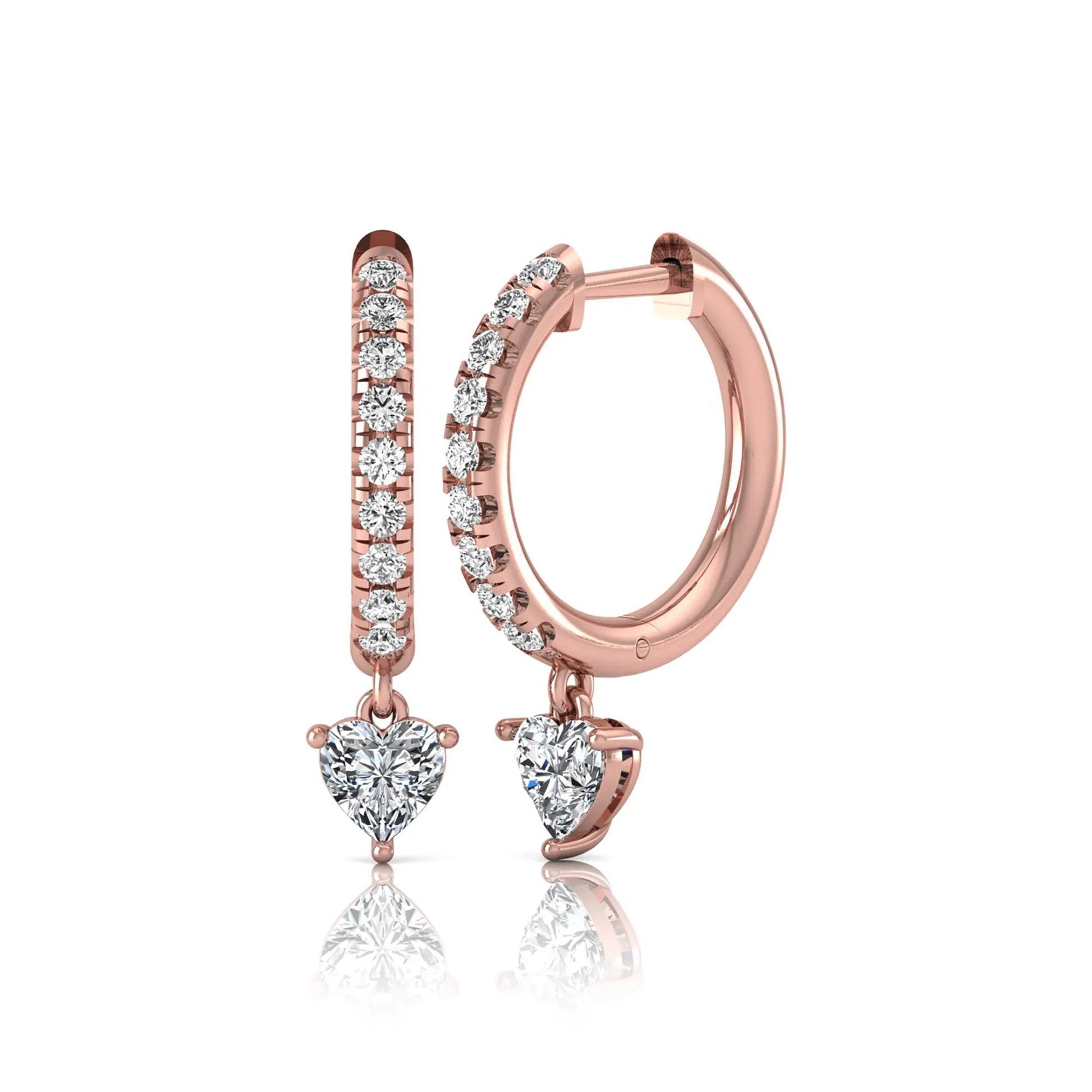 Round and heart cut lab grown diamond pavé drop huggie hoop earrings featuring a heart diamond drop, round pavé diamonds, hinged snap closure, and polished rose gold finish.