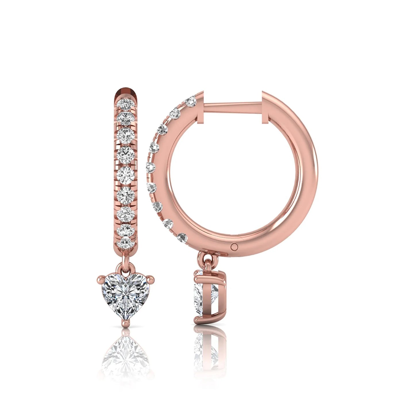 Round and heart cut lab grown diamond pavé drop huggie hoop earrings featuring a heart diamond drop, round pavé diamonds, hinged snap closure, and polished rose gold finish.