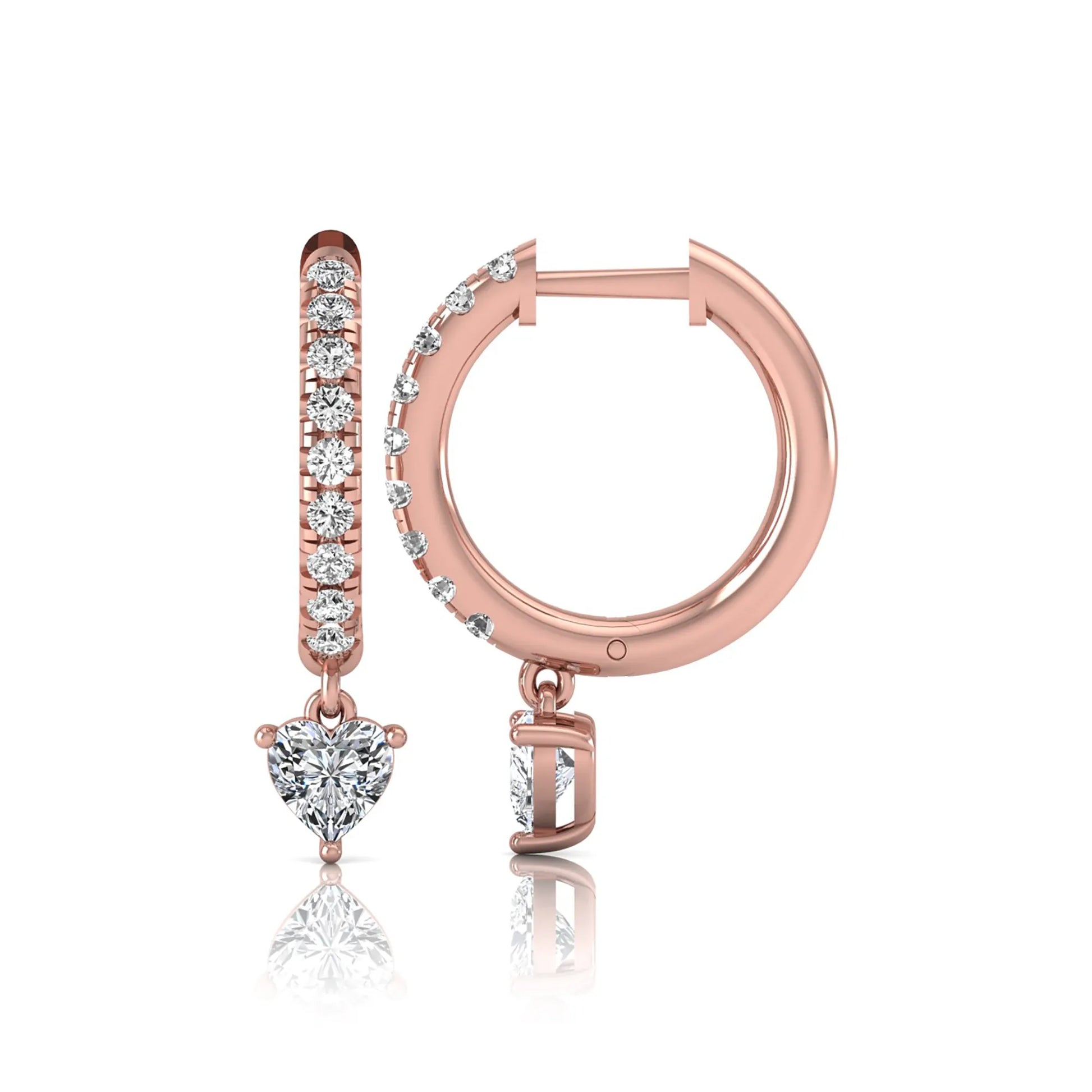 Round and heart cut lab grown diamond pavé drop huggie hoop earrings featuring a heart diamond drop, round pavé diamonds, hinged snap closure, and polished rose gold finish.