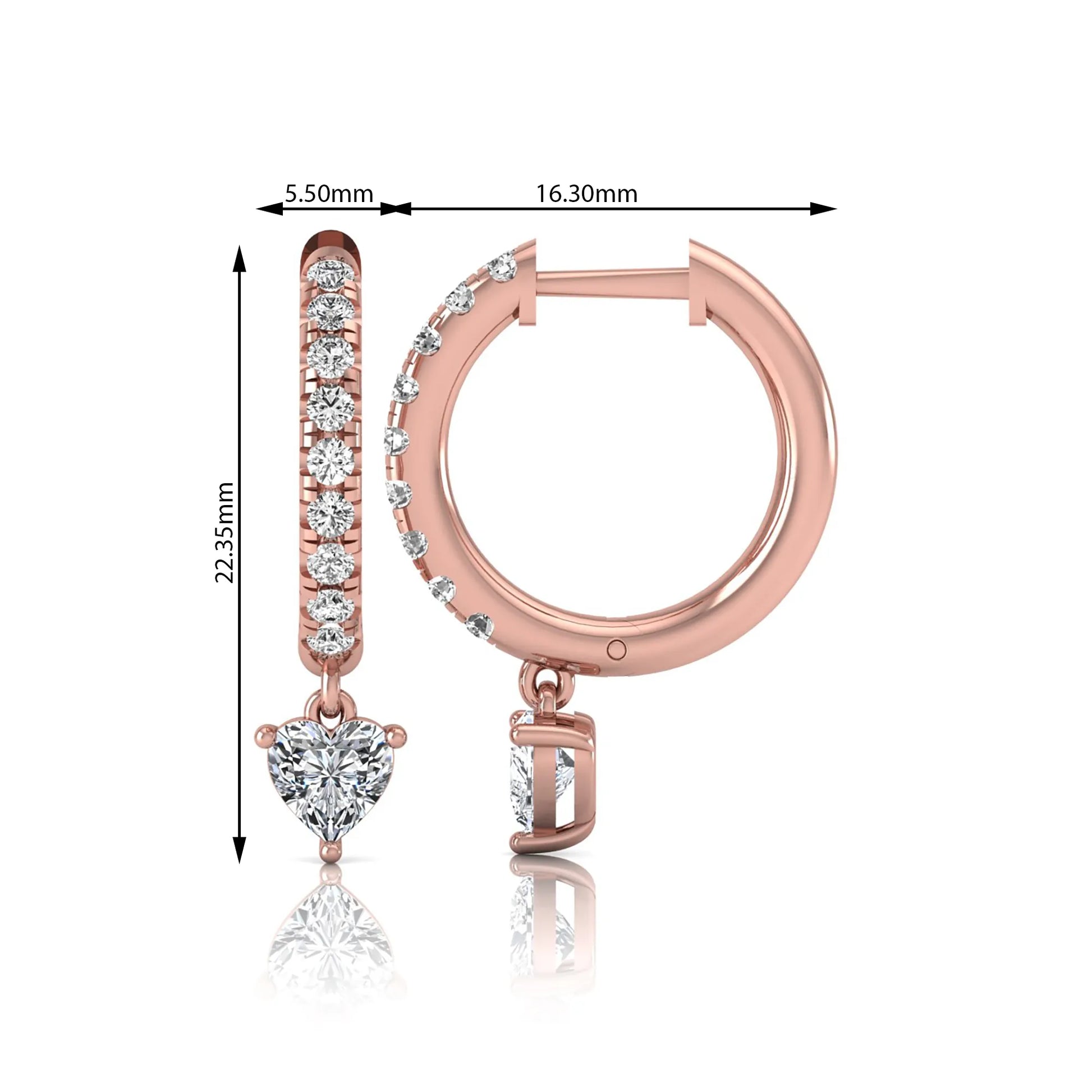 Round and heart cut lab grown diamond pavé drop huggie hoop earrings featuring a heart diamond drop, round pavé diamonds, hinged snap closure, and polished rose gold finish.