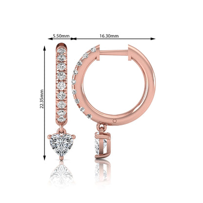 Round and heart cut lab grown diamond pavé drop huggie hoop earrings featuring a heart diamond drop, round pavé diamonds, hinged snap closure, and polished rose gold finish.