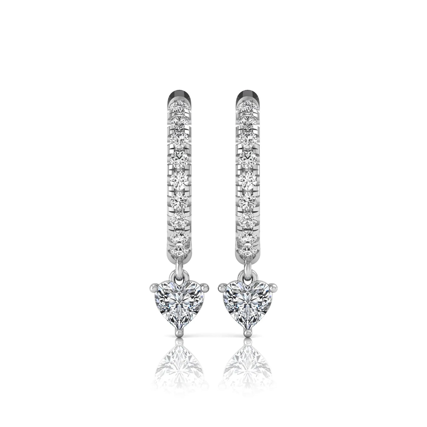 Round and heart cut lab grown diamond pavé drop huggie hoop earrings featuring a heart diamond drop, round pavé diamonds, hinged snap closure, and polished white gold finish.