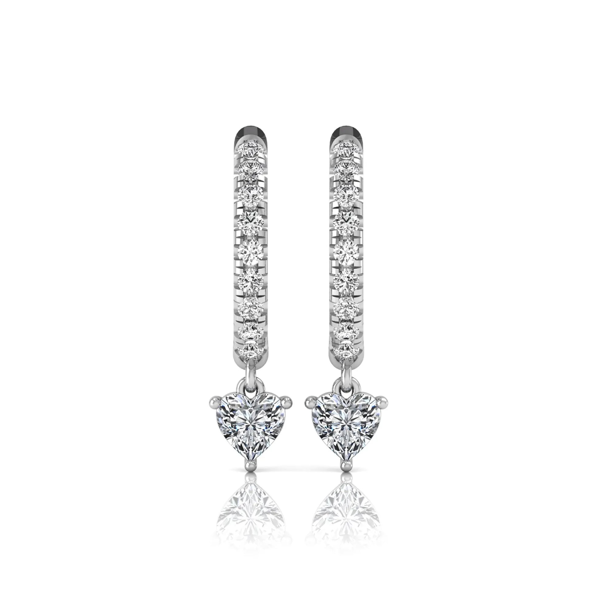 Round and heart cut lab grown diamond pavé drop huggie hoop earrings featuring a heart diamond drop, round pavé diamonds, hinged snap closure, and polished white gold finish.