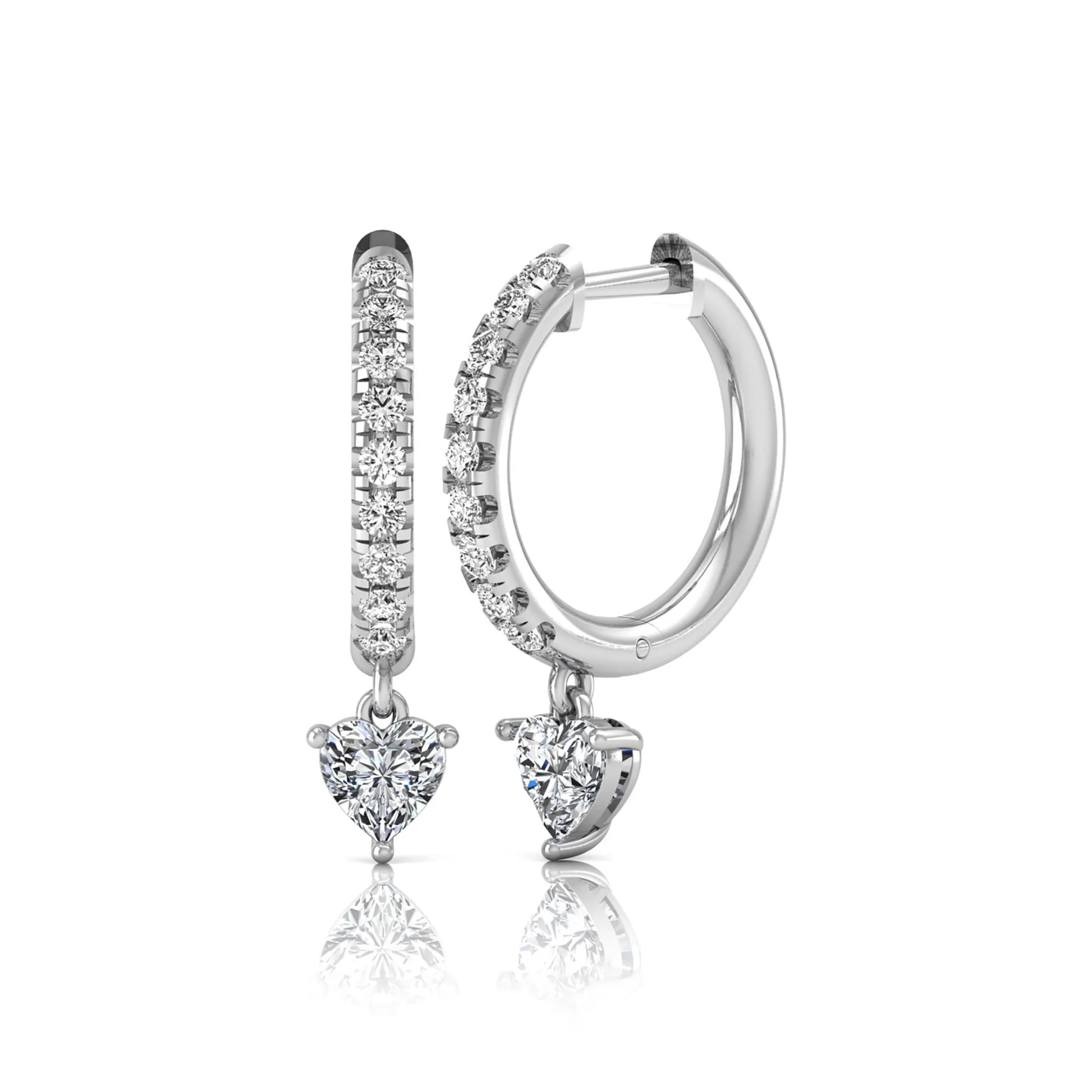 Round and heart cut lab grown diamond pavé drop huggie hoop earrings featuring a heart diamond drop, round pavé diamonds, hinged snap closure, and polished white gold finish.
