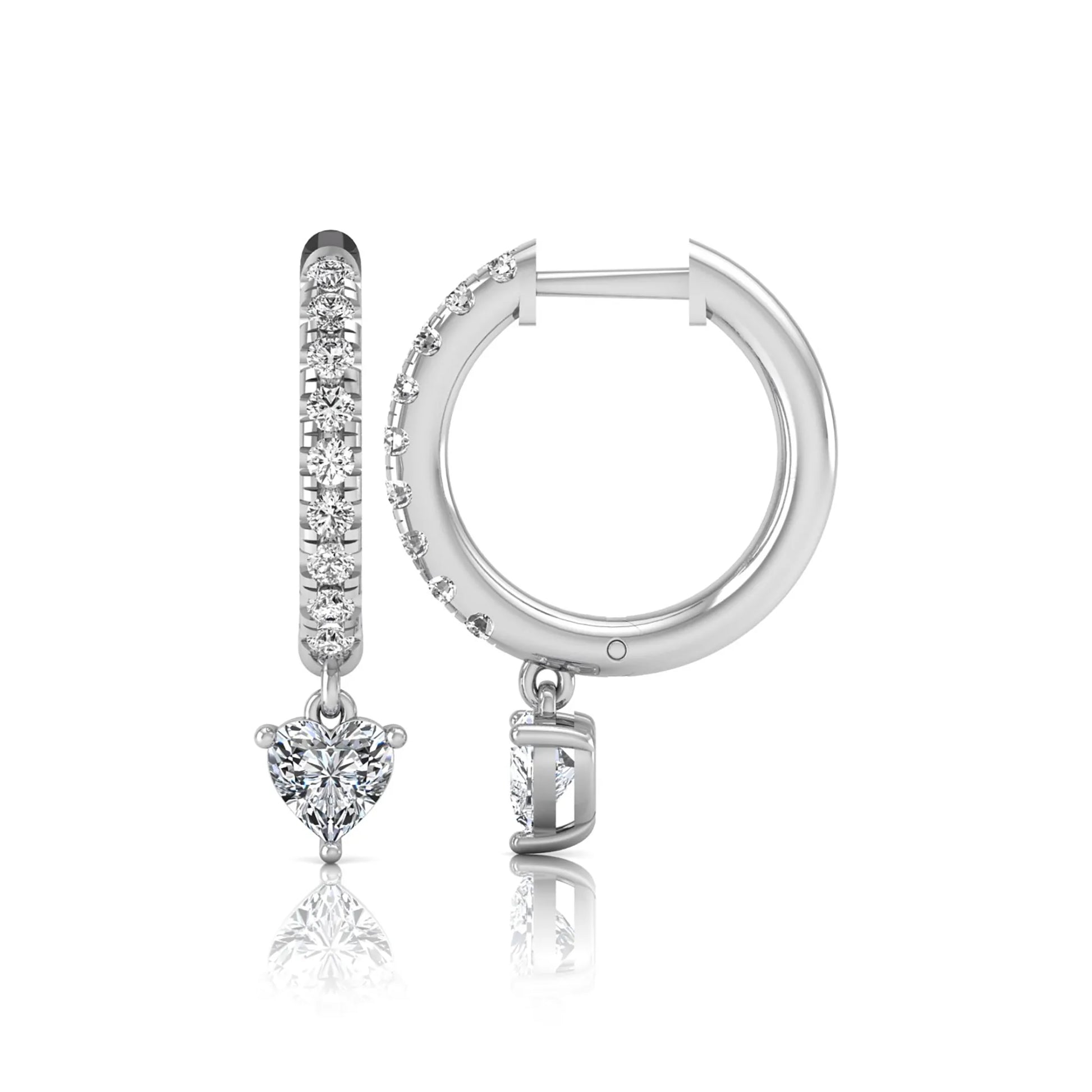 Round and heart cut lab grown diamond pavé drop huggie hoop earrings featuring a heart diamond drop, round pavé diamonds, hinged snap closure, and polished white gold finish.