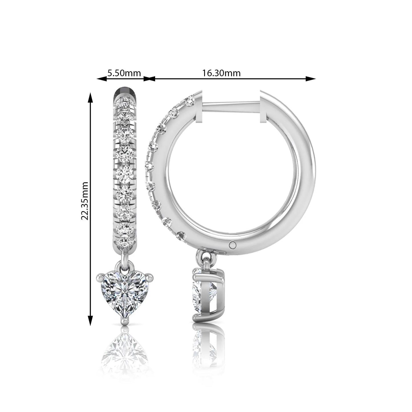 Round and heart cut lab grown diamond pavé drop huggie hoop earrings featuring a heart diamond drop, round pavé diamonds, hinged snap closure, and polished white gold finish.