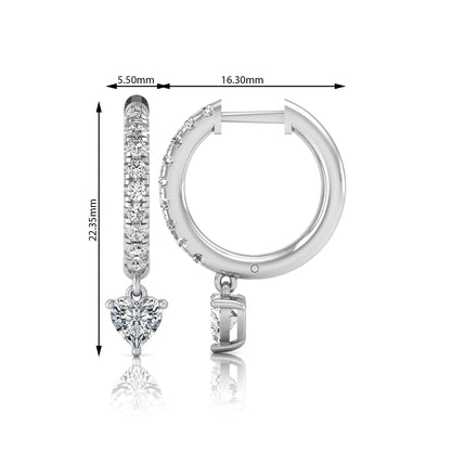 Round and heart cut lab grown diamond pavé drop huggie hoop earrings featuring a heart diamond drop, round pavé diamonds, hinged snap closure, and polished white gold finish.