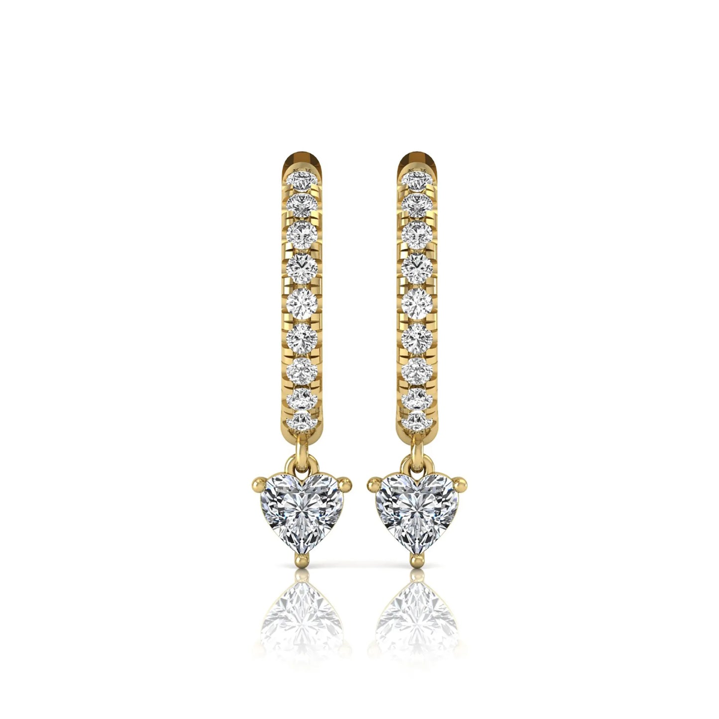 Round and heart cut lab grown diamond pavé drop huggie hoop earrings featuring a heart diamond drop, round pavé diamonds, hinged snap closure, and polished yellow gold finish.