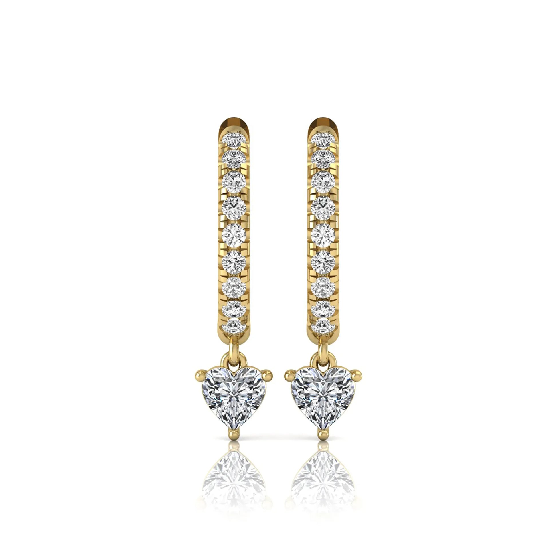 Round and heart cut lab grown diamond pavé drop huggie hoop earrings featuring a heart diamond drop, round pavé diamonds, hinged snap closure, and polished yellow gold finish.