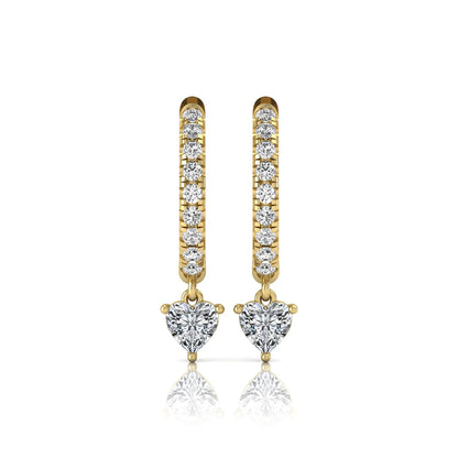 Round and heart cut lab grown diamond pavé drop huggie hoop earrings featuring a heart diamond drop, round pavé diamonds, hinged snap closure, and polished yellow gold finish.