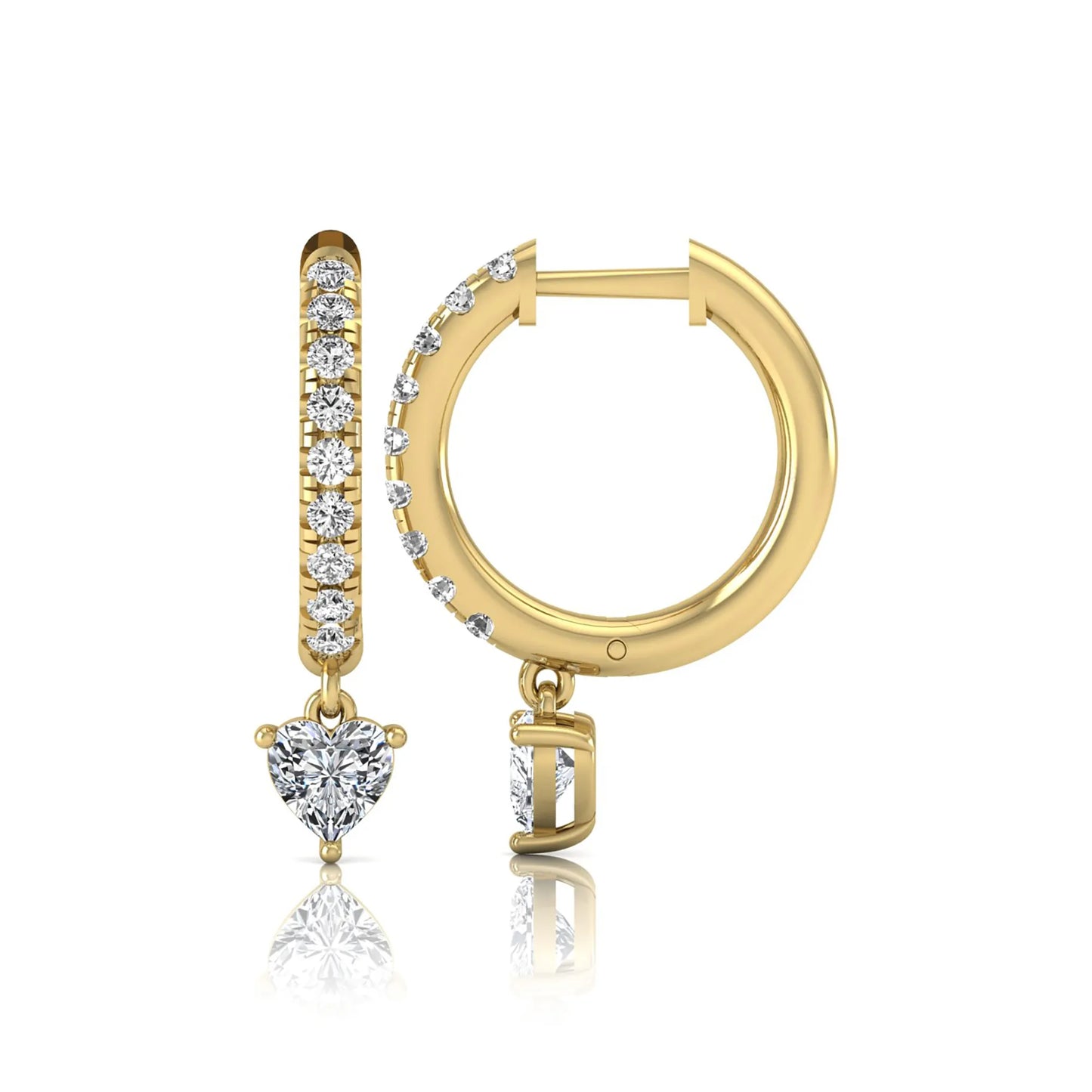 Round and heart cut lab grown diamond pavé drop huggie hoop earrings featuring a heart diamond drop, round pavé diamonds, hinged snap closure, and polished yellow gold finish.