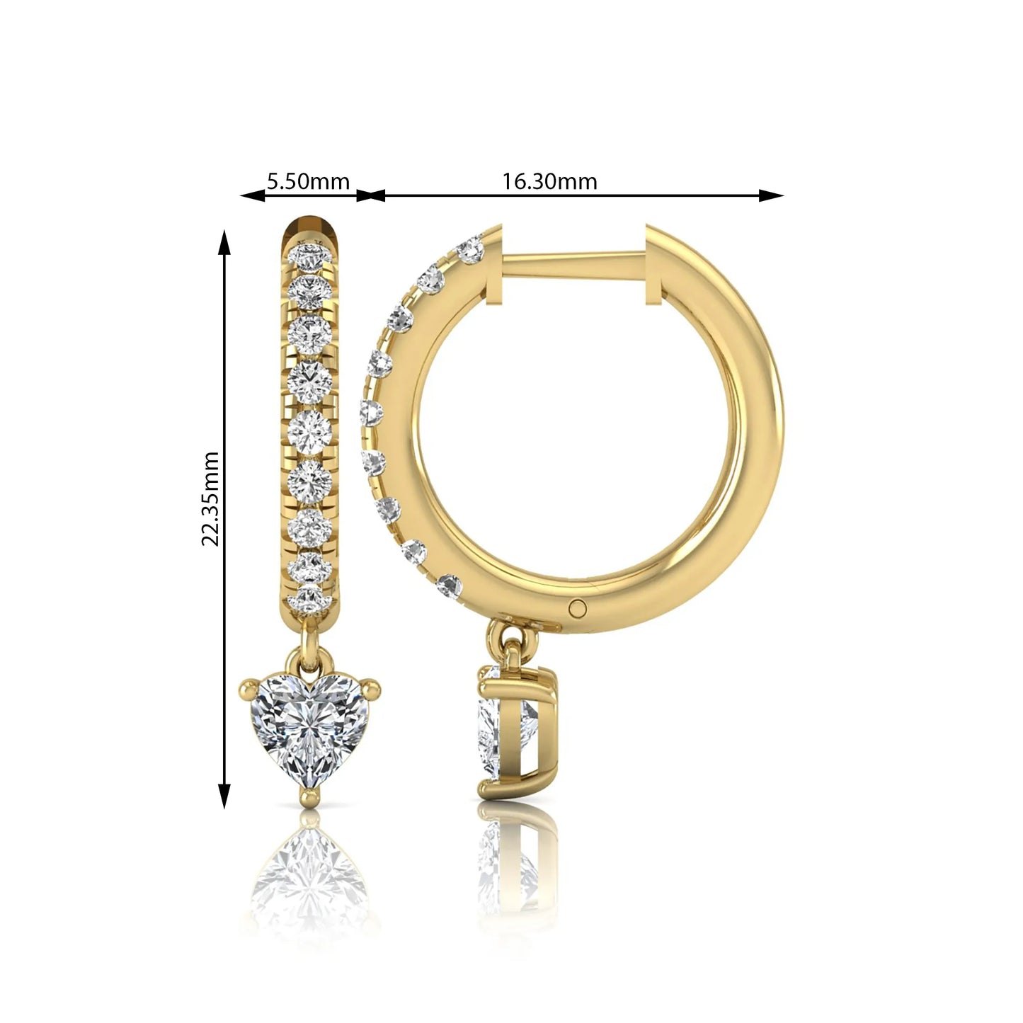 Round and heart cut lab grown diamond pavé drop huggie hoop earrings featuring a heart diamond drop, round pavé diamonds, hinged snap closure, and polished yellow gold finish.