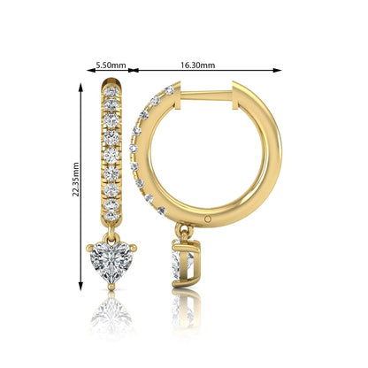 Round and heart cut lab grown diamond pavé drop huggie hoop earrings featuring a heart diamond drop, round pavé diamonds, hinged snap closure, and polished yellow gold finish.
