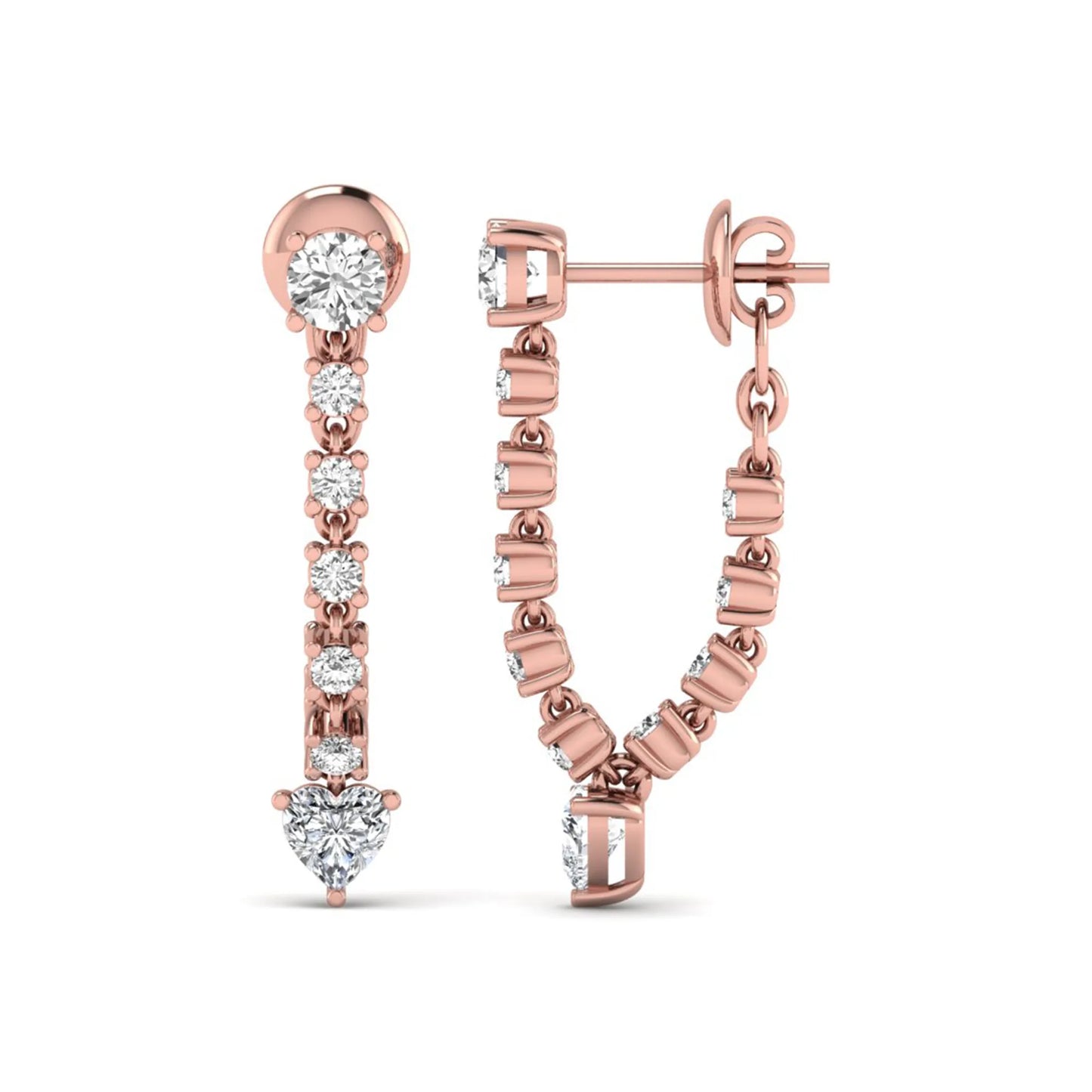 Round and heart cut prong set lab grown diamond drop earrings featuring a graceful linear design in a rose gold finish with push back closure.