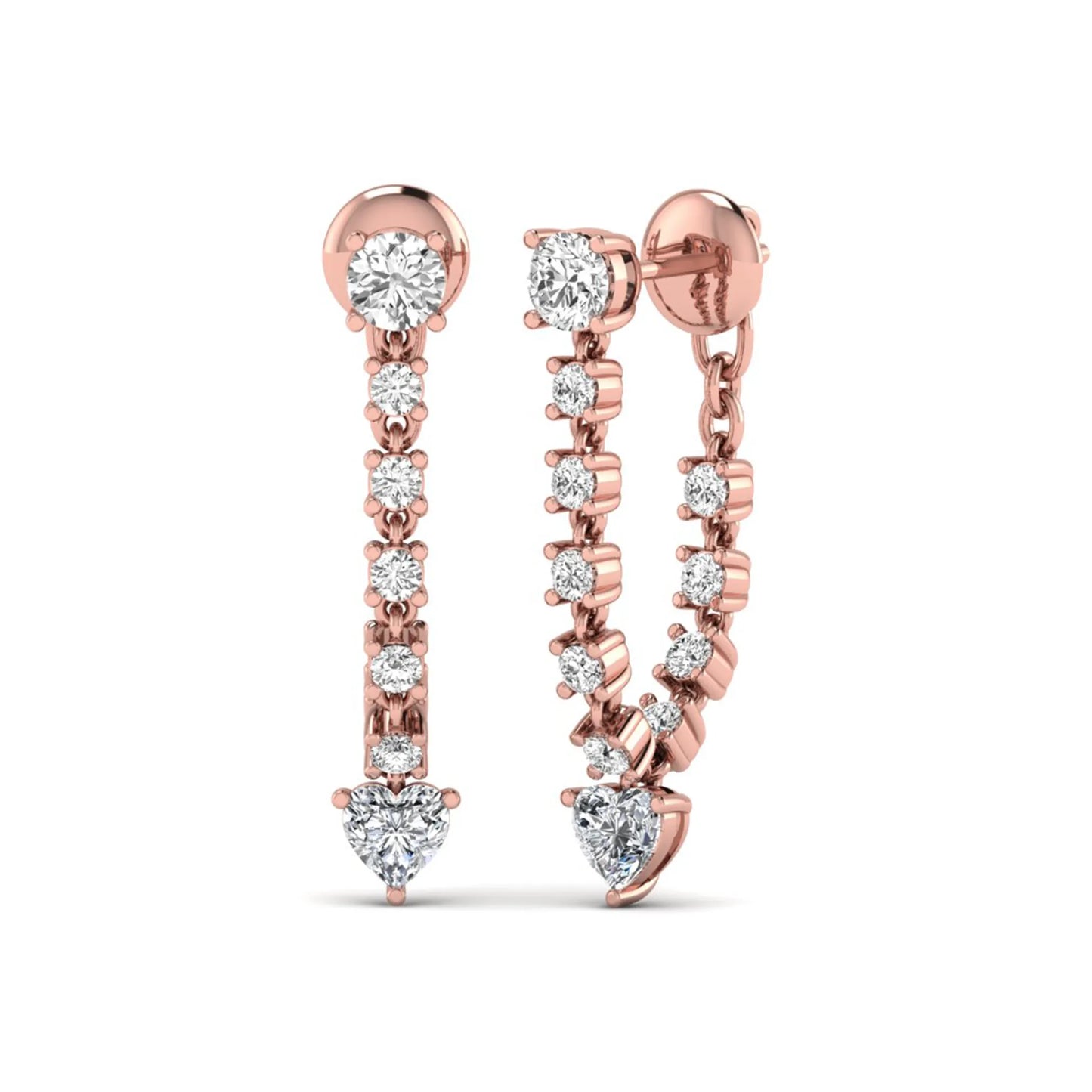 Round and heart cut prong set lab grown diamond drop earrings featuring a graceful linear design in a rose gold finish with push back closure.
