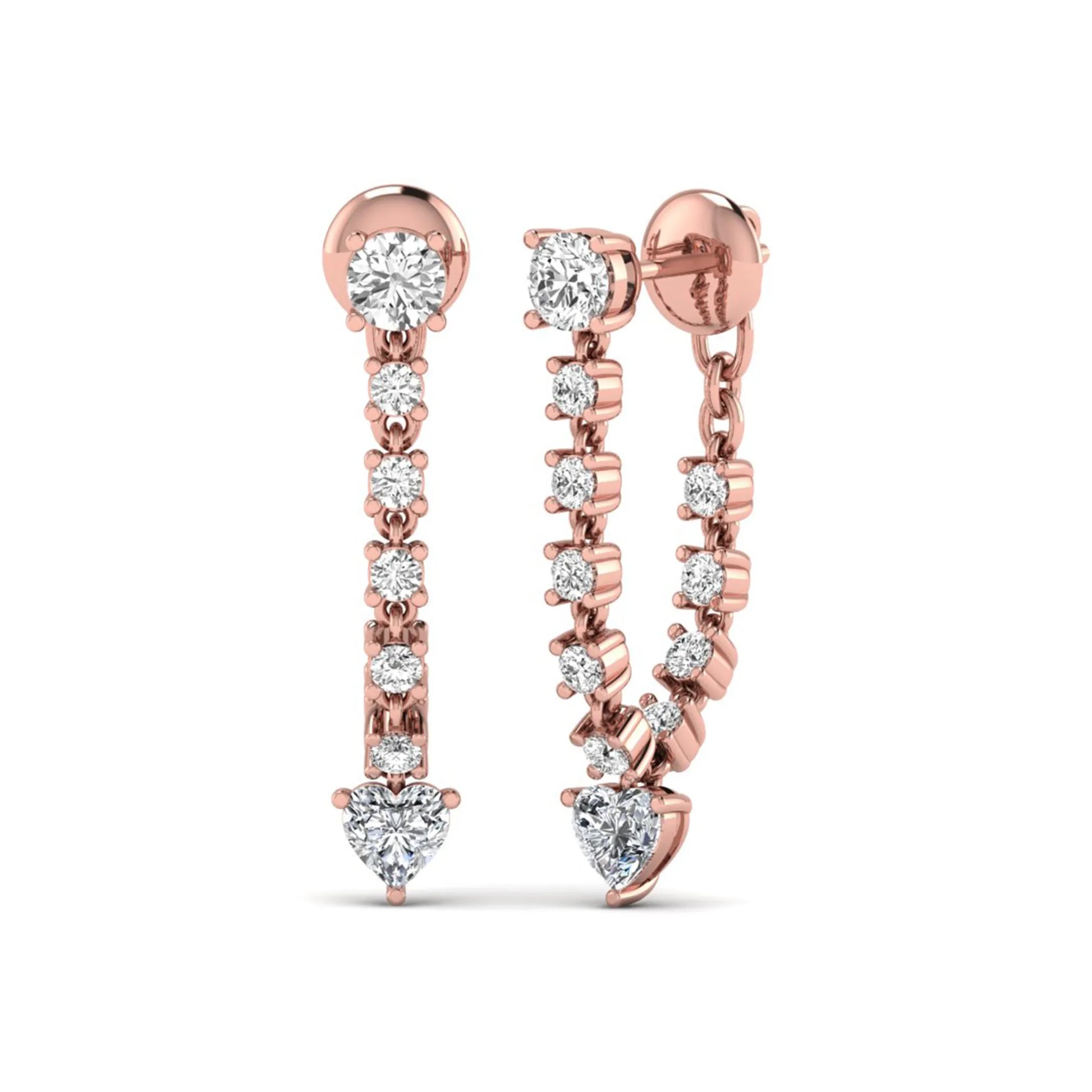 Round and heart cut prong set lab grown diamond drop earrings featuring a graceful linear design in a rose gold finish with push back closure.