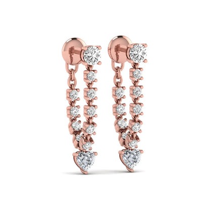 Round and heart cut prong set lab grown diamond drop earrings featuring a graceful linear design in a rose gold finish with push back closure.
