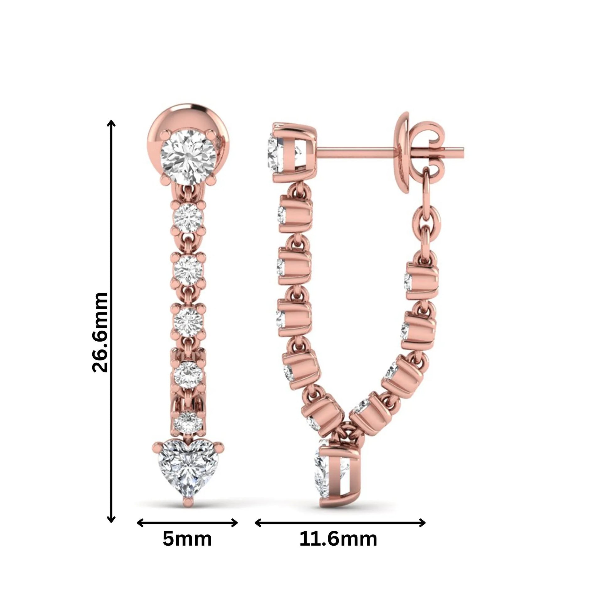 Round and heart cut prong set lab grown diamond drop earrings featuring a graceful linear design in a rose gold finish with push back closure.