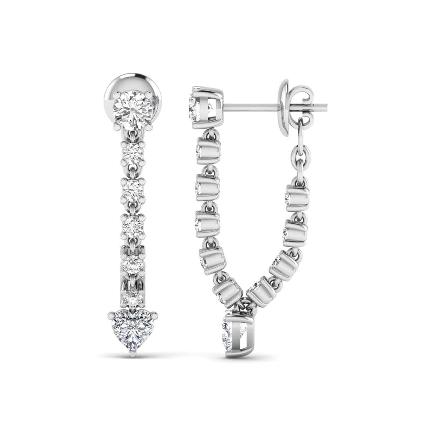 Round and heart cut prong set lab grown diamond drop earrings featuring a graceful linear design in a white gold finish with push back closure.