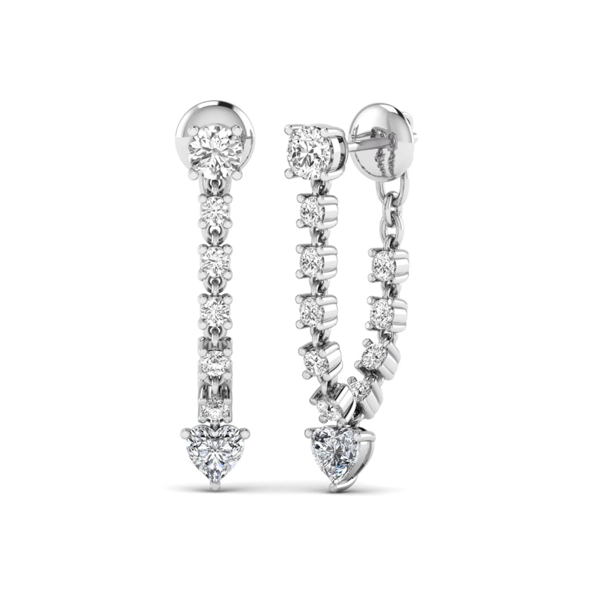 Round and heart cut prong set lab grown diamond drop earrings featuring a graceful linear design in a white gold finish with push back closure.