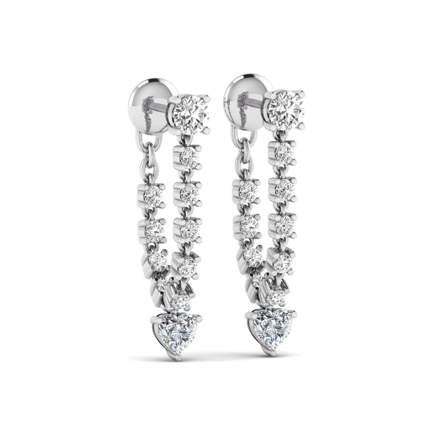 Round and heart cut prong set lab grown diamond drop earrings featuring a graceful linear design in a white gold finish with push back closure.
