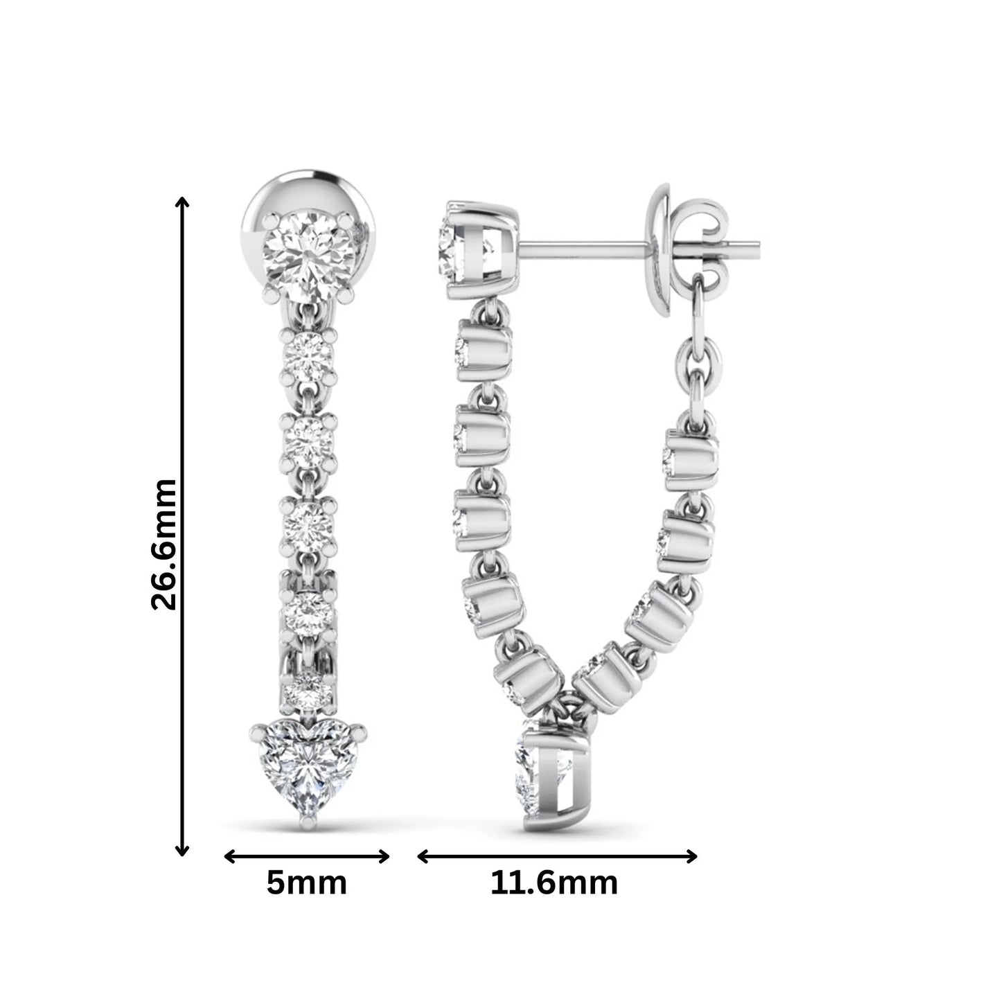 Round and heart cut prong set lab grown diamond drop earrings featuring a graceful linear design in a white gold finish with push back closure.