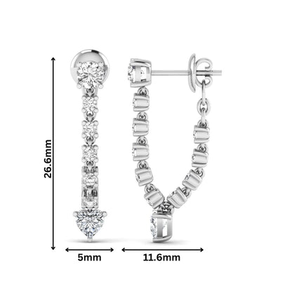 Round and heart cut prong set lab grown diamond drop earrings featuring a graceful linear design in a white gold finish with push back closure.