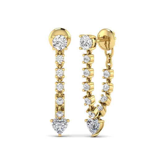 Round and heart cut prong set lab grown diamond drop earrings featuring a graceful linear design in a yellow gold finish with push back closure.