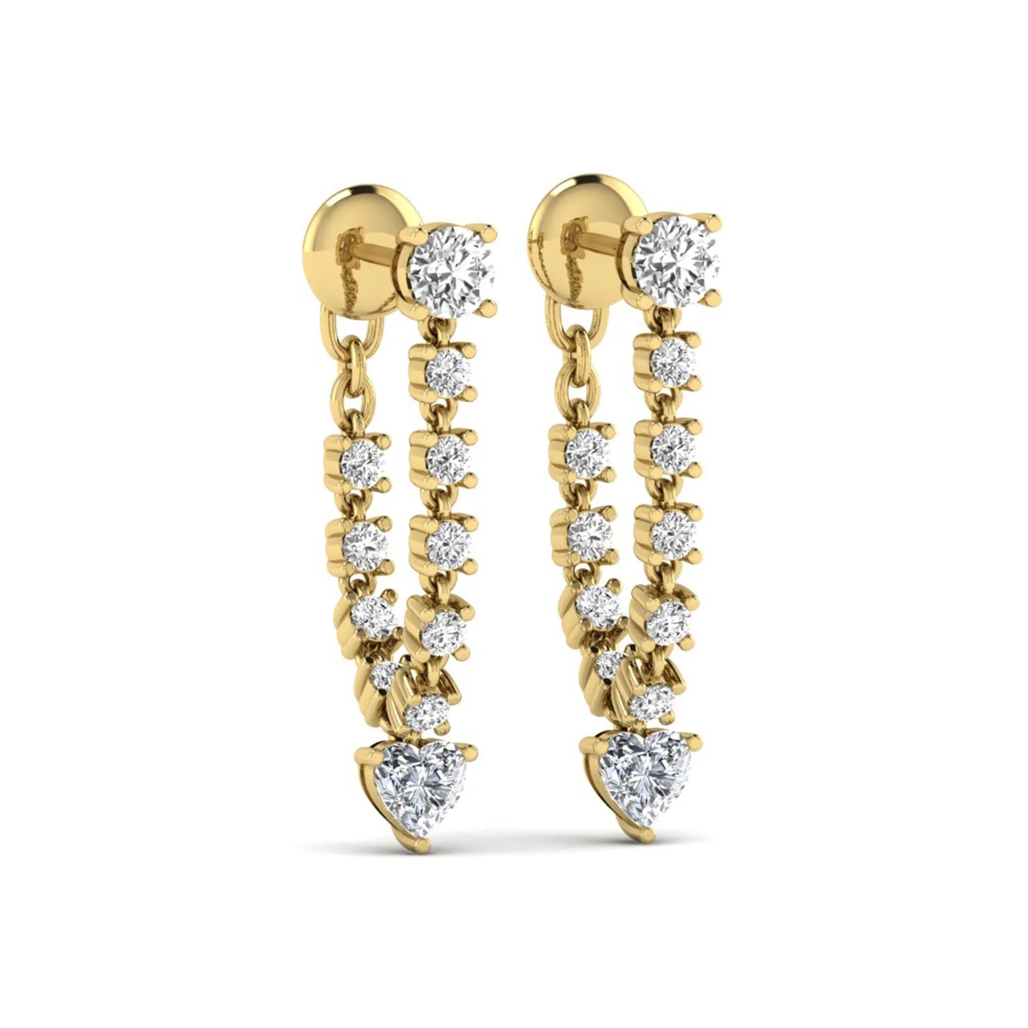 Round and heart cut prong set lab grown diamond drop earrings featuring a graceful linear design in a yellow gold finish with push back closure.