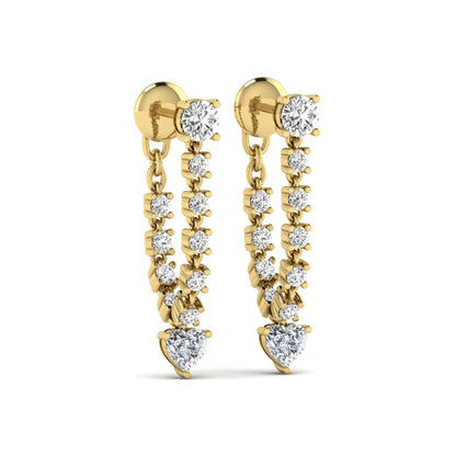 Round and heart cut prong set lab grown diamond drop earrings featuring a graceful linear design in a yellow gold finish with push back closure.