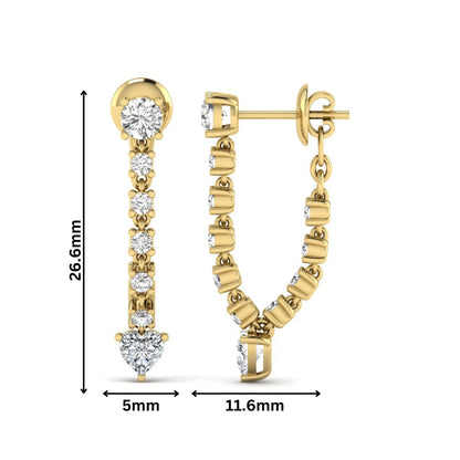 Round and heart cut prong set lab grown diamond drop earrings featuring a graceful linear design in a yellow gold finish with push back closure.